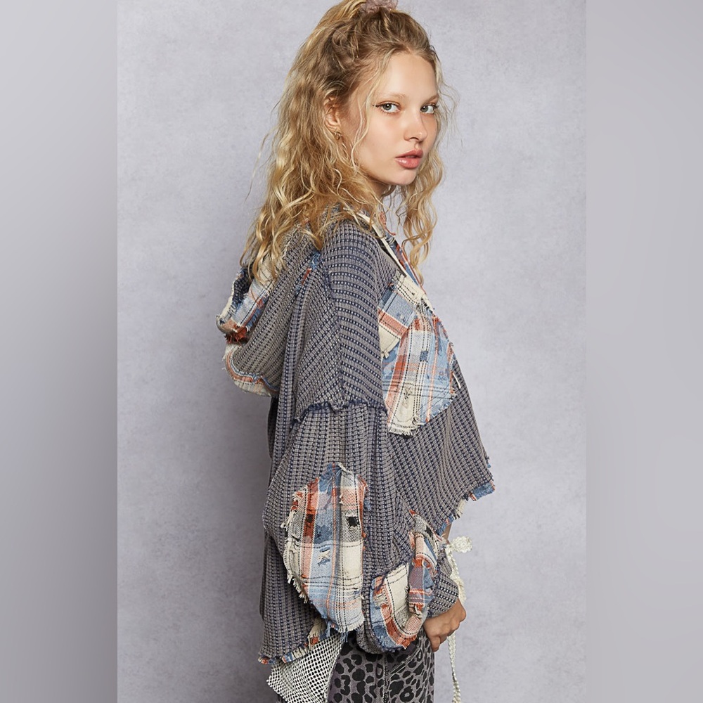 POL Patchwork Hooded Jacket - Gray and Blue - image 6